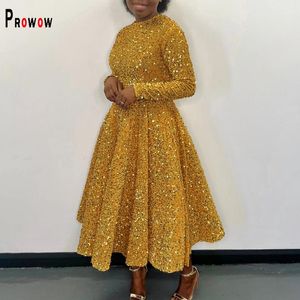 Vestidos casuais prowow elegante vestido feminino de alta qualidade manga longa magro ajuste festa de aniversário noite desgaste lantejoulas cintura roupas