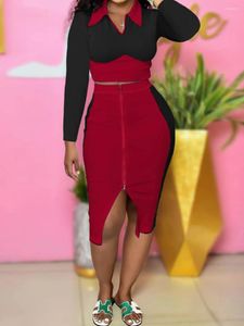 Work Dresses LW Patchwork Black And Red Two Pieces Suits Elegant 2pcs Matching Outfits Long Sleeve Crop Top&Zipper Design Skirts