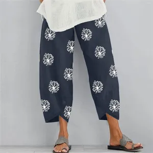 Women's Pants Women Cotton Linen Trousers Lady Casual Flowers Print Elastic Girdle Waist Wide Leg Harajuku Loose Cropped