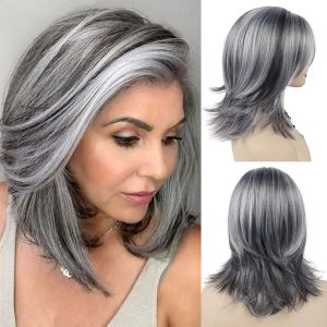 Peruker gnimegil syntetiska peruker för kvinnor långt hår gammal dam peruk skiktat hår med gardin bangs blanda grå färg naturliga peruker för dagligen
