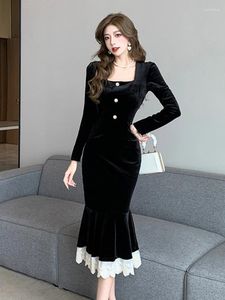 Casual Dresses Spring Autumn Sweet Vintage Velvet Black Mermaid Long Women Clothing Ladies Elegant Slim Dress Robe Femme Mujer Vestidos