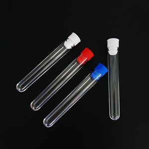 50pcs/lote 15x100mm Tubos de teste de plástico transparente com tampa de push de rolagem azul/vermelho/branco plástico para experimentos e testes escolares