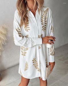 Abiti casual Camicia da donna 2024 Primavera Moda Ricamo a foglie Colletto rovesciato Gonna a maniche lunghe Abito dritto ampio