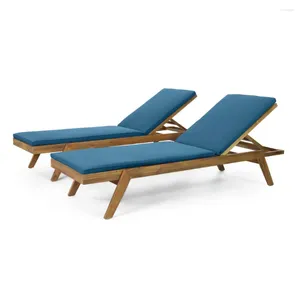 Camp Furniture Noble House Bexley Cushion Acacia Wood Outdoor Chaise Lounge - Set Of 2 Teak/Blue Liege Recliner Chair Patio