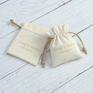 Collane 50pcs logo personalizzato Burlap cotone sacchetti da regalo in tela naturale per la collana organizzatore di sapone per sapaci per matrimoni favore