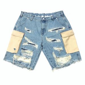 Shorts jeans lavados com bolso lateral azul, alta qualidade, hip hop, skatista, rasgado, quatro bolsos, estilo 8012201