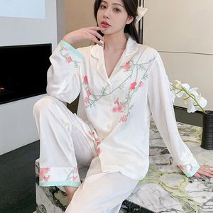 Home Clothing Print Sleewpear Pijamas Suit Women Long Sleeve Shirt Pants 2PCS Pajamas Set Lingerie Spring Autumn Satin Nightwear Clothes