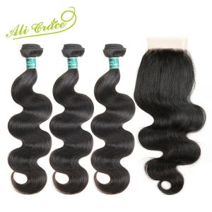 클로저 알리 그레이스 헤어 말레이시아 바디 웨이브 3 묶음 폐쇄 100% remy humy Hair Body Wave 4*4 레이스 폐쇄