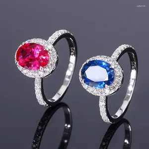 Cluster anéis jóias finas 925 prata real 7/9mm corte gelado safira e rubi pedra preciosa sintética para festa de casamento feminino
