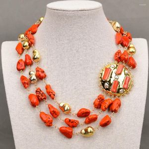 Ожерелья с подвесками G-G, 3 ряда, оранжевый, бирюзовый, самородок свободы, позолоченное, матовое, ожерелье из бисера, коралловый, белый жемчуг, с цветочной кромкой