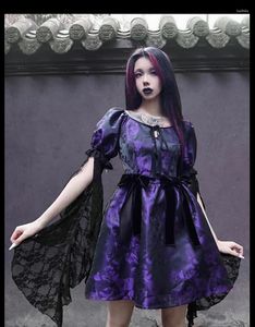 Vestidos de festa Design Original Gótico Puff Manga Curta Gravatas Laço Vestido Voador Verão Punk Goth Roxo