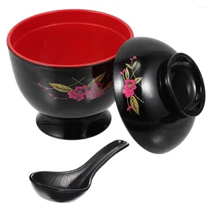 Dinnerware Sets Japanese Miso Soup Bowl Spoon Plastic Fruit Salad Wood Serving Dish Rice Bowls Lids Kitchen