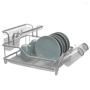 Kitchen Storage Elevated 2 Tier Aluminum Dish Rack With Soft Touch Anti-Skid Feet And Removable Dual Compartment Utensil Holder
