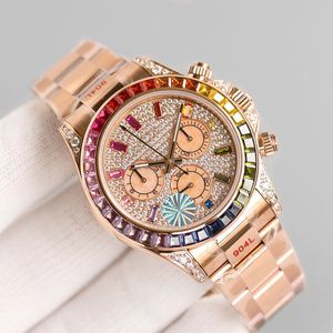 Watch Mens 40mm 자동 기계 7750 운동 시계 레인보우 다이아몬드-베젤 사파이어 타이밍 기능 904L 스테인레스 브레이슬릿 손목 시계 Montre de Luxe