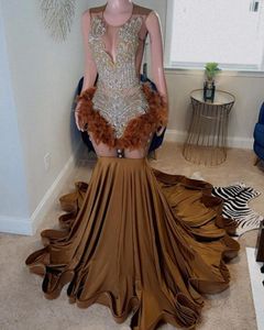 Brown Sparkly Long Prom Ceremony Dresses for Black Girl 2024 Luxury Diamond Crystal Feather Evening Birthday Gala Dress