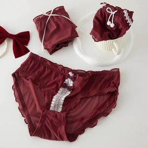 Mutandine da donna L-XL Intimo Mutandine Sexy Ragazza in pizzo Bowknot Slip rosso vino Vita media Mutande senza cuciture Lingerie femminile