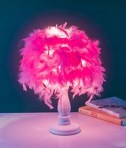 Quality 110V220V WhitePink Feather Lampshade Wooden Base Night Lights Lamp Decoration Table Lamps Bedroom Beside Lighting1996737