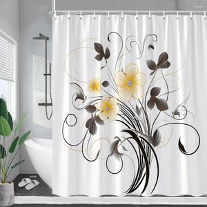 Cortinas de chuveiro floral tinta planta flores amarelas moderno e minimalista arte poliéster tecido banheiro cortina banheira decoração com ganchos