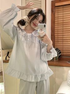 Home Clothing Lace Soft Princess Simple Korean Cotton Sweet Long Sleeve Pajama Set Women Spring Summer Solid Elegant Casual Sleep Tops Ins