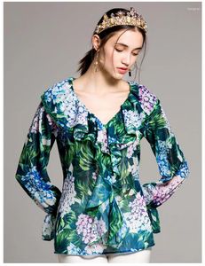 Blusas femininas Personalizar Feito Mulheres Manga Longa Tops e Verão 2024 Runway Floral Imprimir Camisa Verde Plus Size XXXL