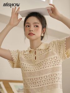 Mishow Hollow Out Polo Neck Top For Women Summer French Sweet Sticked Solid Loose Woman Retro Tees Office Lady MXC33Z0069 240329