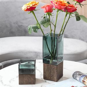 Vasen Nordic Luxus Blumenvase Glas Holz Massivholz Basis Tisch Transparent für Wohnzimmer Dekoration