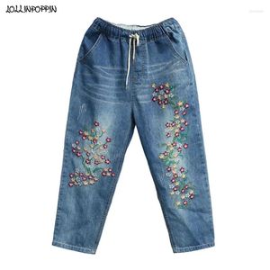 Jeans feminino bordado floral mulheres mulheres azuis leves calças jeans 2024 primavera elástica cintura elástica lindas damas retrô