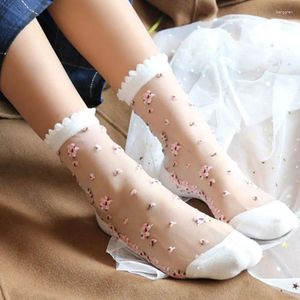 Women Socks Japanese Style Silk Lace Transparent Summer Flower Pattern Ultra-thin Women's Casual Breathable Mid-tube Sock