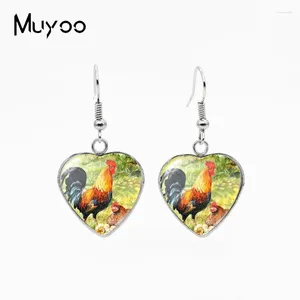 Dangle Earrings 2024 Arrival Painting Vintage Rooster Chicken Paintings Handcraft Stainless Steel Heart Fish Hook