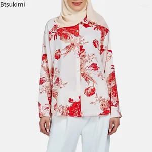 Kadınlar Blouses Vintage Saten Gömlek Kadınlar Müslüman Baskılı Moda Günlük Uzun Koltuk Üstleri İslami Giyim Camisas de Mujer