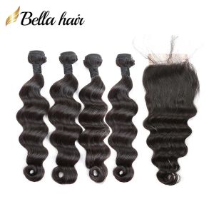 Wefts 100% mänskliga hårbuntar med stängning brasiliansk jungfrulig Hairloose djupa hårextensioner 4 buntar med spetsstängningar 4x4 gratis delklock