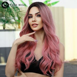 Wigs 7JHH WIGS Highlight Long Wavy Pink Wig for Women Ombre Pink Synthetic Wigs with Bangs Heat Resistant Hair Cosplay Lolita Wigs