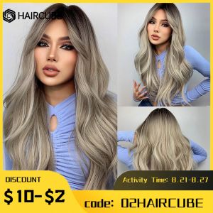 Wigs Haircube Longo ondulado preto marrom ombre cinza peruca sintética com franja cosplay diariamente peruca natural para mulheres cabelos resistentes ao calor