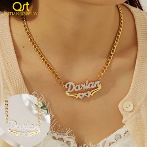 Necklaces Qitian Customized Name Necklace With Heart 18K Gold Double Plated 3D Nameplate Jewelry Personalized Names Pendant Gift For Women