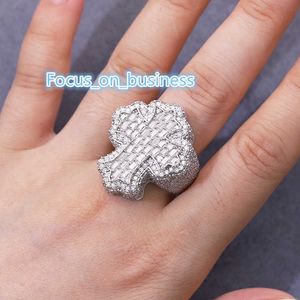 Customized mens ring white gold plated S925 sterling silver with vvs moissnaite baguette ring cuban cross ring