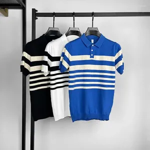 Polos męski 2024 Brytyjski styl Summer kontrastowy Krótkie rękawe dzianiny Polo-shirt Men Mass Stripe Slim Stripetee Wysoka jakość odzieży Q60