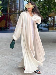 Etnik Giyim Müslüman Moda Dubai Kadınlar Parlak Saten Açık Kimono Abaya Suudi Fas Kaftan Zarif Parti Türk Arap Robe