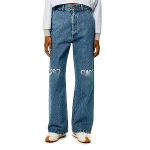 Designer Womens Jeans hohe Taille ausgehöhlten Stickereien Loewe Long Hosenhose Dekoration Reißverschluss Fliege Casual Blue Straight Denim Hosen undefiniert und definiert