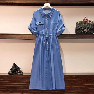 Urban Sexy Dresses 150kg plus size womens bust 157 summer loose and warm ultra-thin long sleeved denim shirt dress blue 6XL 8XL 9XL 10XL Y240402