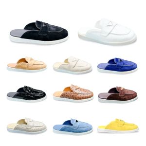 Camurça Casual Loafer Mules Chinelos de couro 25mm salto plano redondo moc toe slide estilo sola de borracha forro logotipo icônico Natural preto branco