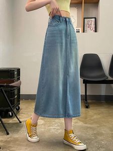 Gonne estive in denim sottile da donna eleganti a vita alta con spacco di media lunghezza a trapezio casual semplici da donna