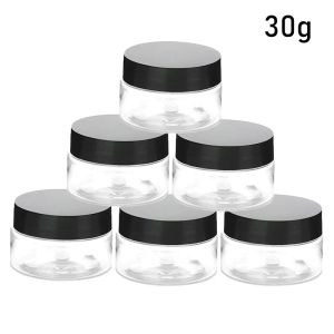 Garrafas 30pcs 30g Frasco de cosméticos de plástico com tampa preta Garrafas de amostra transparentes Nail Art Bead Recipiente de armazenamento para sombra Lip Balm