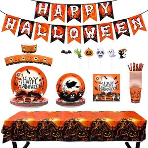 Einweg -Geschirr Stobok 104pcs Halloween Set Banner Tischdecke Teller Pokals Servietten Geschirr 100 Einheiten Großhandel