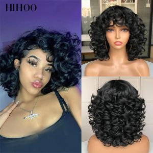 Peruklar Kısa Saç Afro Kıvırcık Peruk Siyah Kadınlar İçin Patlama ile Kıvırcık Peruk Cosplay Fluffy Glueless Karışık Kahverengi Sarışın Peruk Doğal Yüksek Sıcaklık Kırmızı