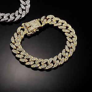 MENS 14K Żółta Złotna Bransoletka Kubańska Pełna lodowiec Miami Rhinestone 12 mm 20 mm Miami Cuban Curb Box Lock Lock 7 cali 8 cali