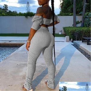 Womens Two Piece Pants Y Nightclub Women Stacked Suit Off Shoder Flare Sleeve Tube Top Sweatpants Leggings Ruched Tracksuit Drop Deliv Dhv5P