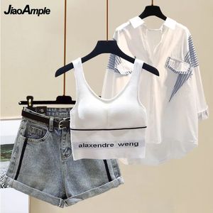 2024 Yaz Moda Yelek Gömlek Denim Şort Üç Parçalı Kadın Günlük Bluz Pantolon Takım Koreli Elegant Jeans Hardigan Seti 240329