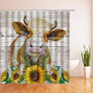 Duschvorhänge Bauernhof Kuh Vorhang Sonnenblume Tier Aquarell Rind auf rustikalem Holzbrett Frühlingsgelb Blumen Badezimmer Haken