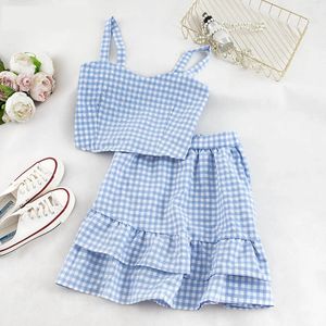 Women Sweet Sets Waist Pleated Elastic Croped Tank Top And High Skirts Ruffles Plaid Two Pieces Summer Slim Sexy 240329