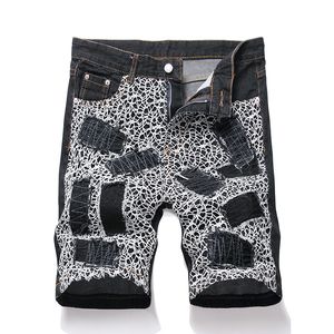 Summer Loose Men's Denim Shorts, Black Straight Brodered Patches Short Jeans, Spider Web Mid-midjiga trendiga shorts